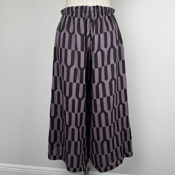 Bryn Walker Linen Geometric Cropped Wide Leg Culottes Elastic Waist - Picture 7 of 7